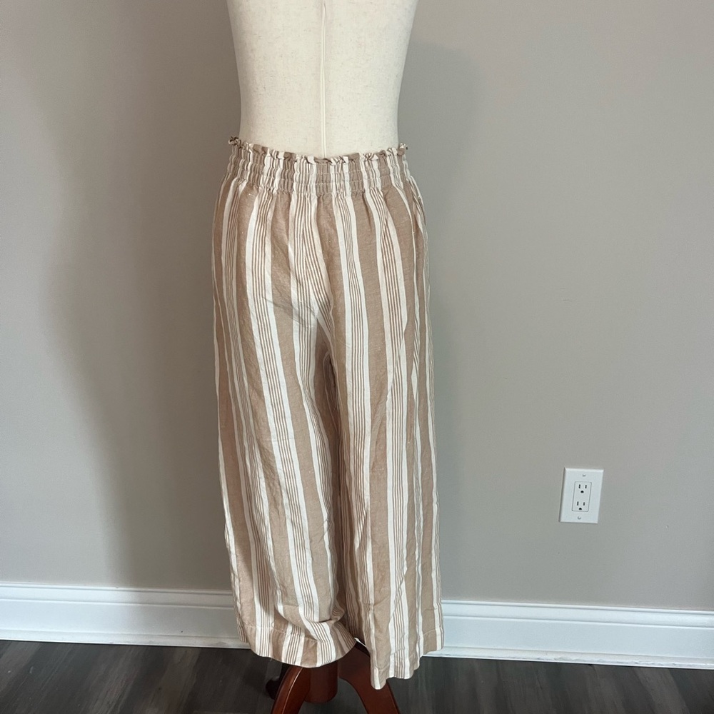 Madewell Smocked Huston Beige and White Striped Drawstring Wide-Leg Pants - Picture 2 of 7